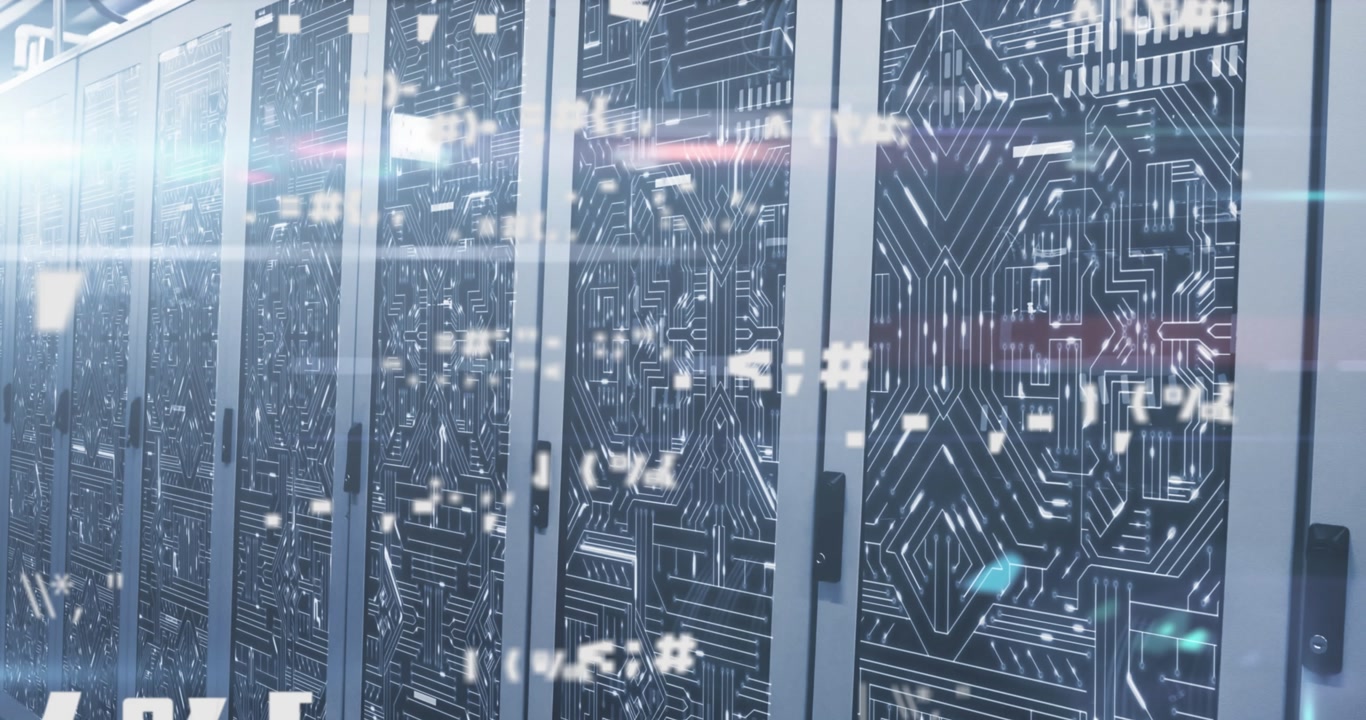 Animation of changing symbols, light spot and microprocessor connections over computer server room
