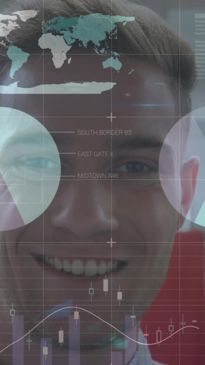 Statistical data processing over portrait of caucasian man smiling at office