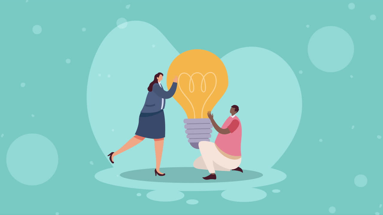 pareja interracial de negocios con animación de bombillas