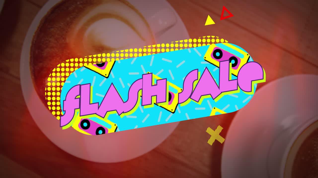 Pop art flash sale banner displaying blue polka dots with cassette tape icons above coffee cups