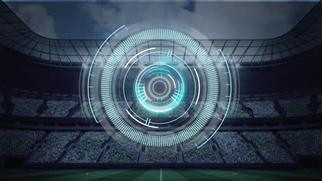 animation of scopes scanning and data processing over sports stadium