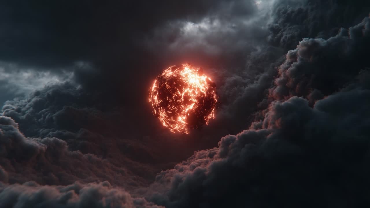 A stunning view of a fiery celestial body emerging dramatically from dense dark clouds, illuminating the ominous sky with its intense orange glow and creating an awe-inspiring cosmic spectacle