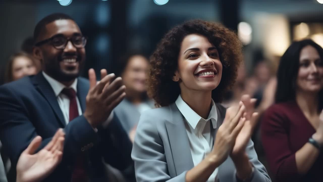 A diverse audience clapping in a corporate setting, captured from a front-facing angle
