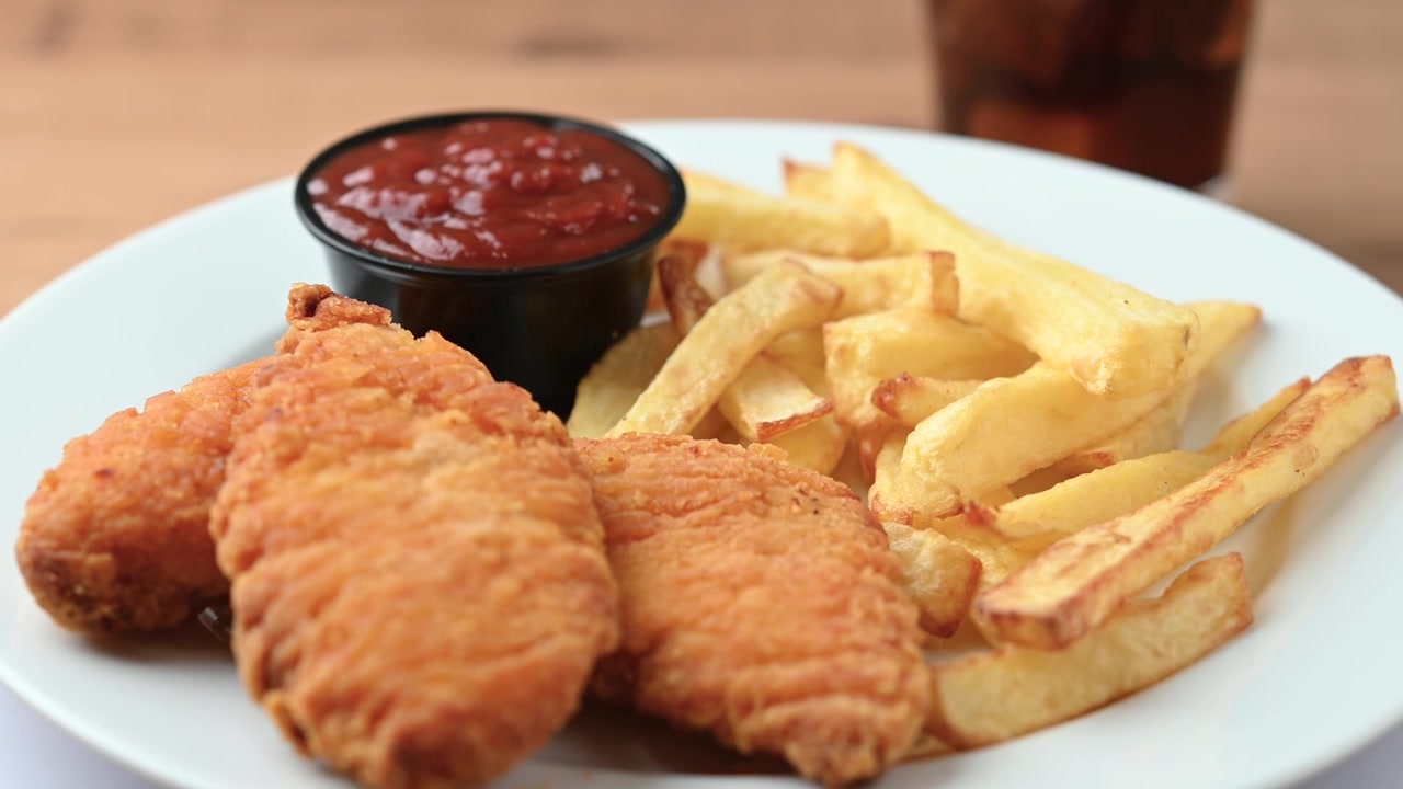 Crispy Fried Chicken Tender con patatine fritte e ketchup