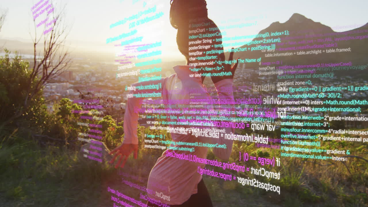 animación de procesamiento de datos sobre mujer afroamericana corriendo en la naturaleza