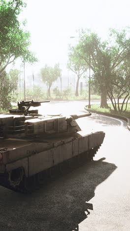 tank driving on a road in a park