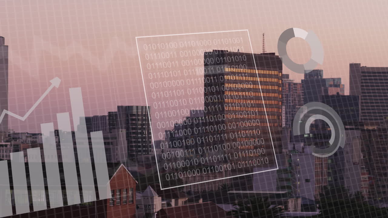 Animation of financial data processing over cityscape background