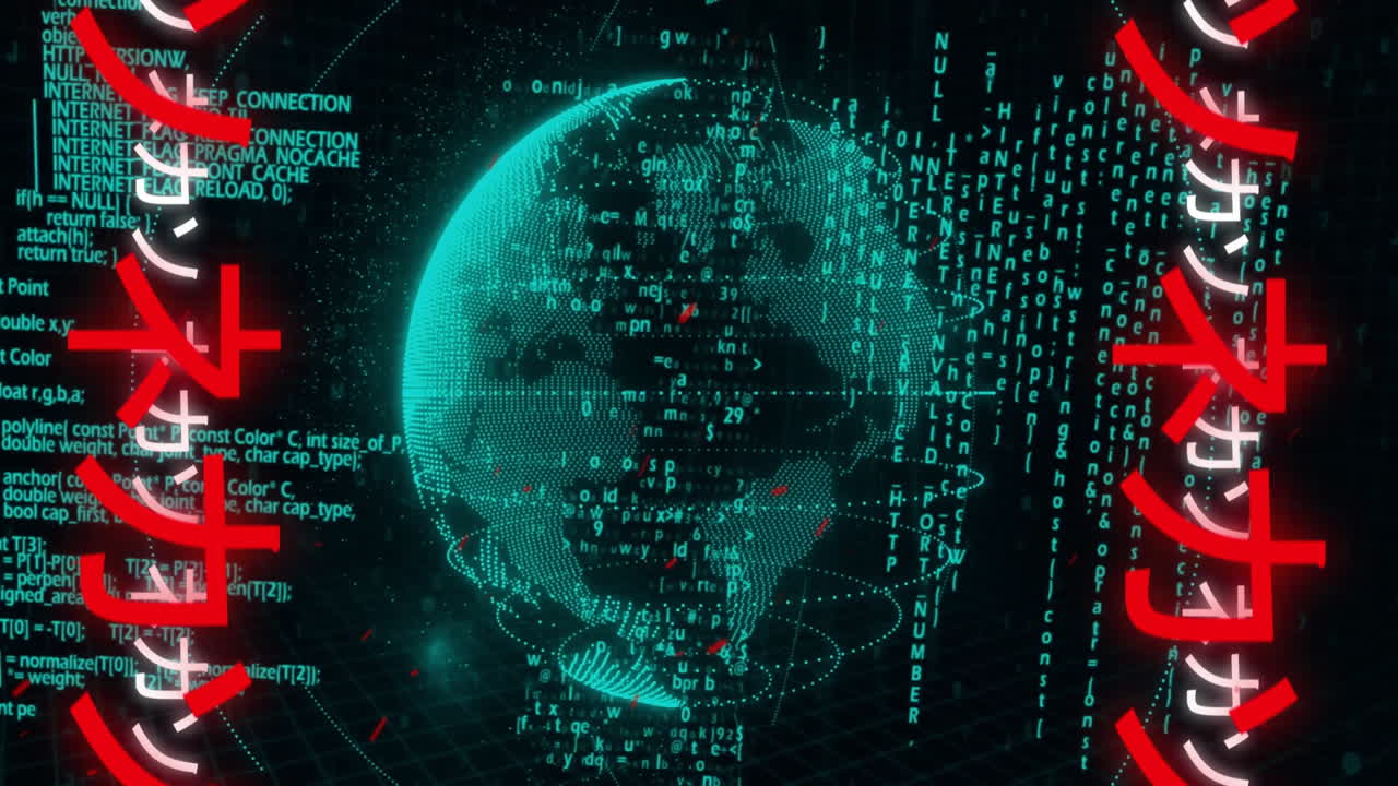 Digital globe surrounded by green binary code and programming text animation