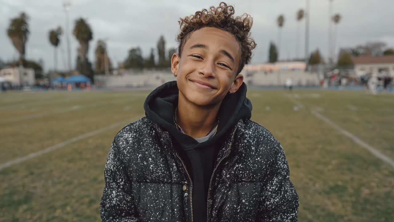 Um Jovem Atleta Alegre Abraça o Espírito de Competição no Campo Esportivo, Irradiando Positividade e Entusiasmo Antes do Jogo