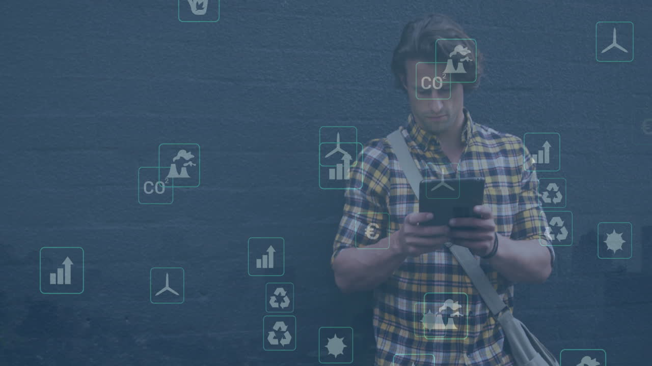 animación de múltiples iconos sobre un hombre caucásico de pie al lado de una bicicleta y usando una tableta digital