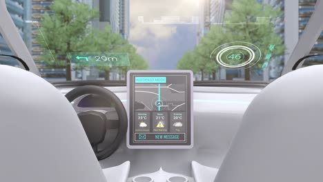 video game simulation screen showing car cockpit driving through city streets