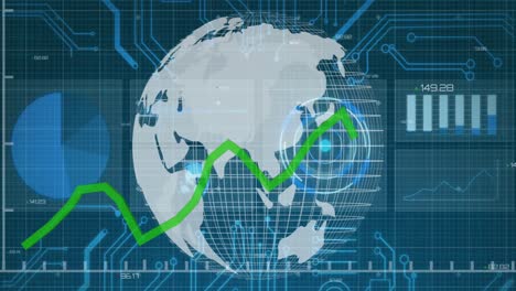 Animation-Von-Finanzdaten-Und-Diagrammen-über-Dem-Globus,-Rotierend-Auf-Grünem-Hintergrund