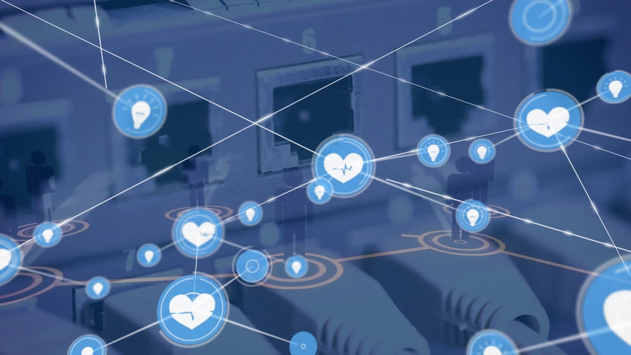 컴퓨터 서버의 클로즈업에서 디지털 아이콘 네트워크 및 비즈니스 네트워킹 아이콘의 애니메이션