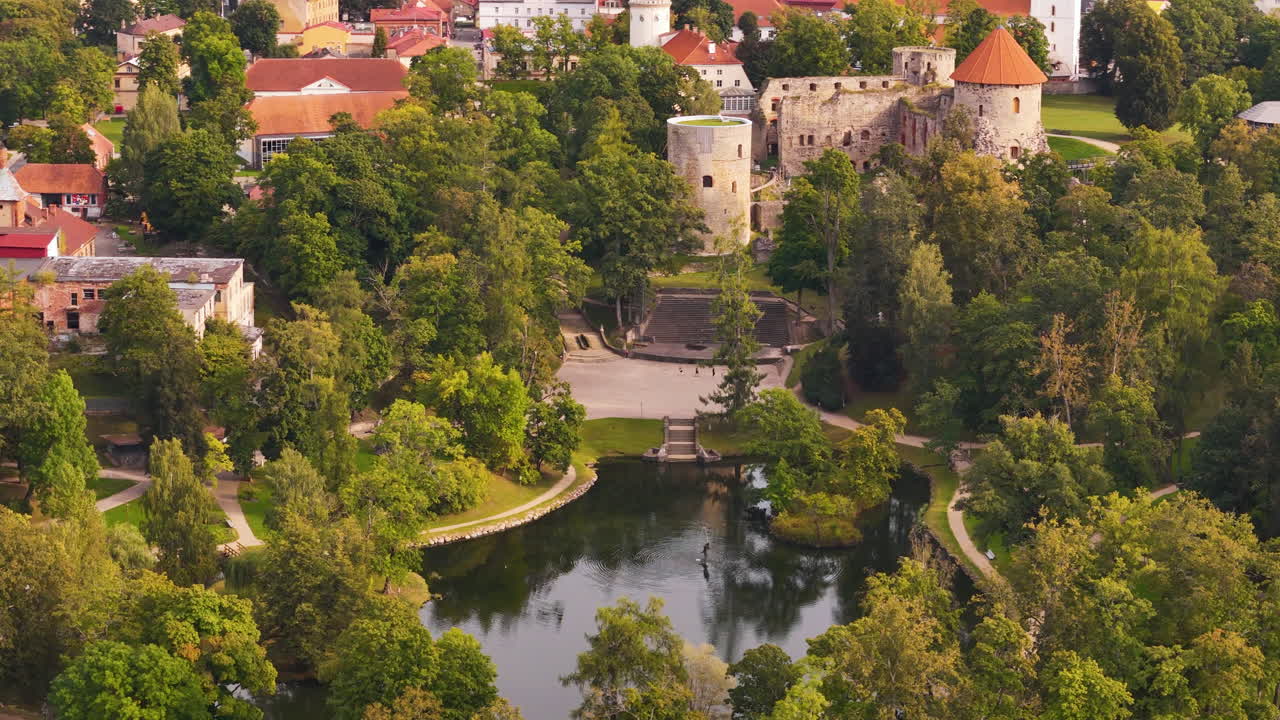 Aerial Rotation Over Cesis Castle, One Of The Most Visited Tourist Attractions In Latvia, Europe.