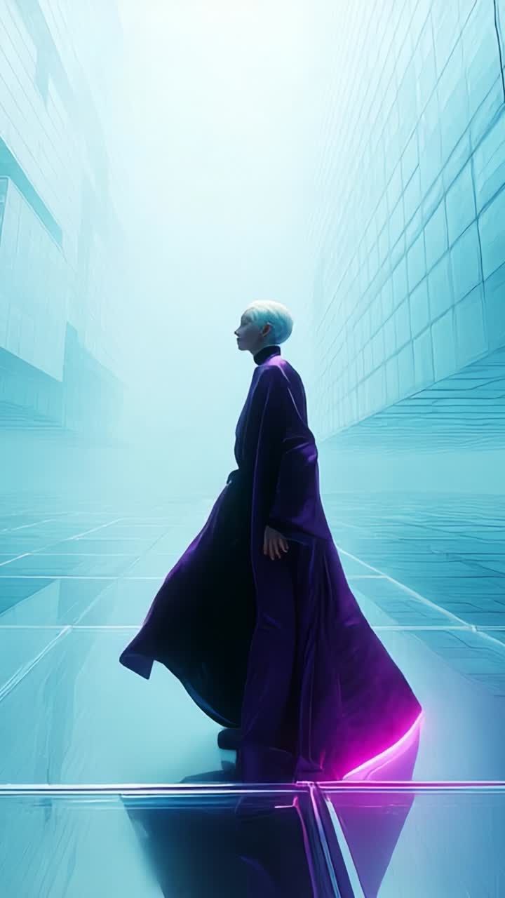 A Mysterious Figure Draped in a Flowing Purple Cloak Stands in a Futuristic Environment Surrounded by Fog and Reflective Surfaces, Exuding an Air of Intrigue and Elegance