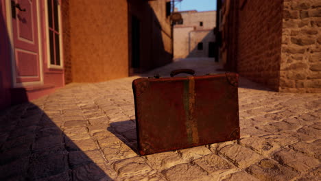 vintage suitcase on a cobblestone street