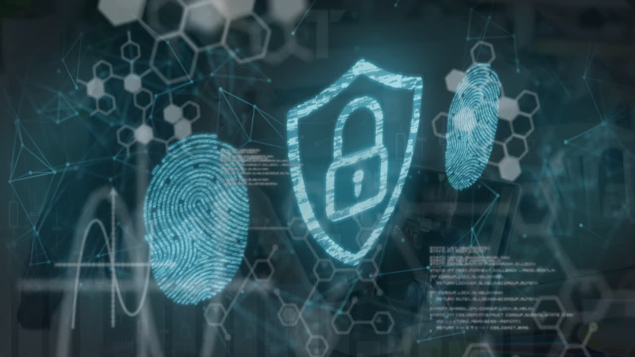 animación de procesamiento de datos y candado de seguridad sobre mujer usando computadora portátil