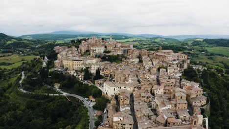 wide drone shot of montepulciano, tuscany in italy's rural countryside