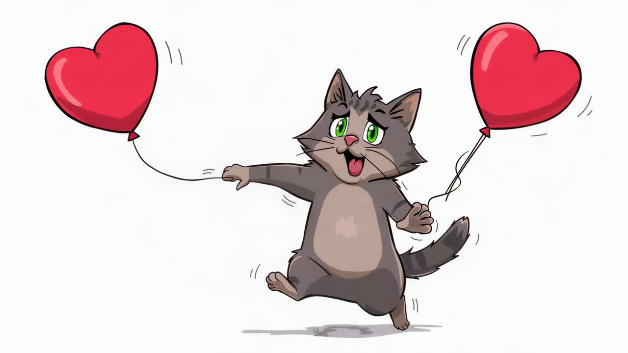 Gato cinza de desenho animado reagindo à animação, saltando sobre um plano de fundo branco e segurando dois balões de coração vermelho