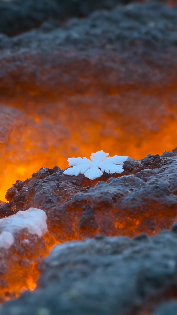 Video verticale: Fiocco di ghiaccio bianco che cade e tocca la crosta di lava calda, fumando sopra una fessura incandescente.