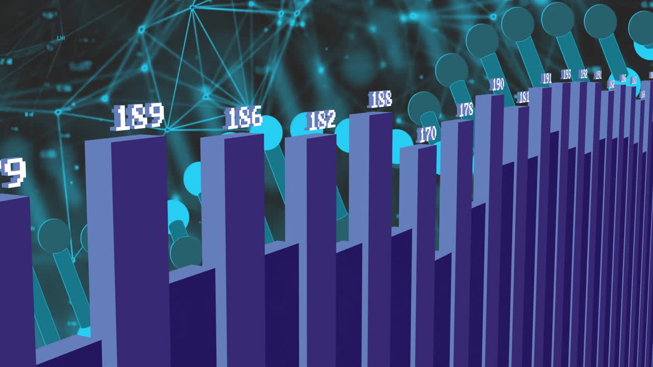 In animation, digital network connections with glowing nodes showing bar graph data