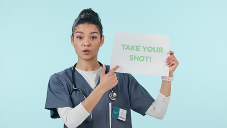 board, woman or doctor with sign for flu shot