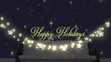 Animation-of-happy-holidays-greetings-with-illuminated-star-decoration-on-snow-covered-bench