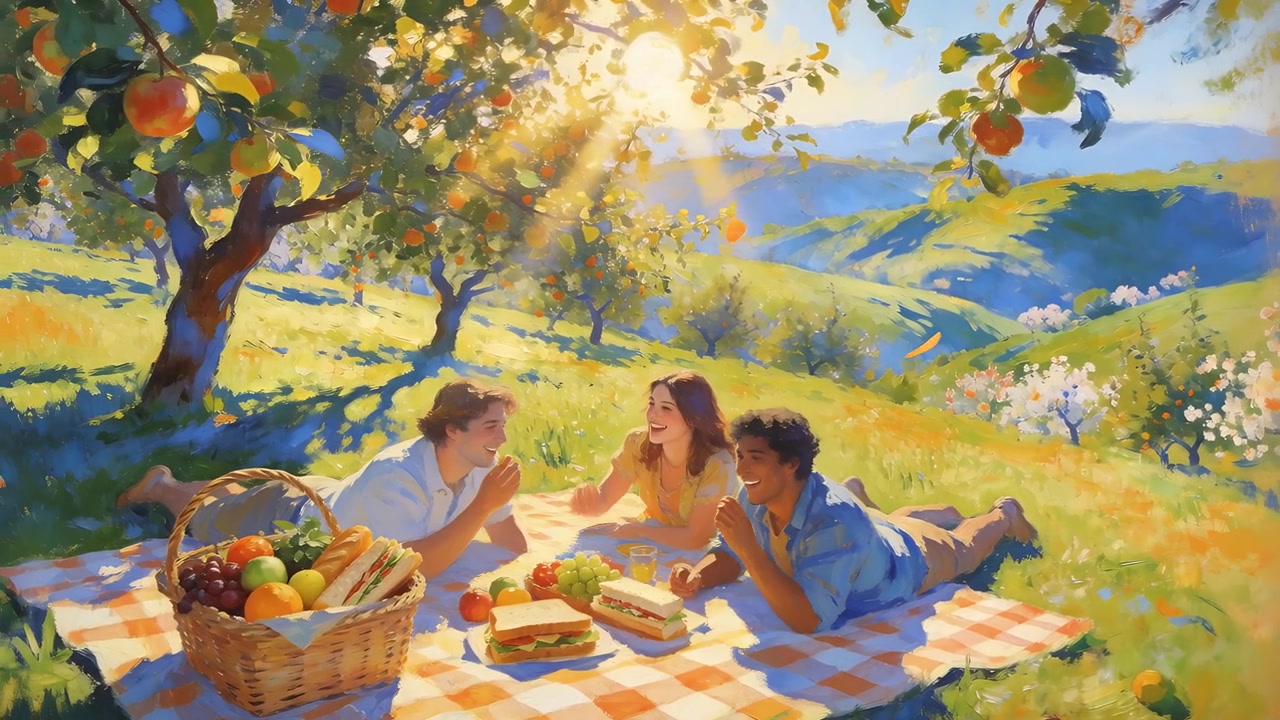 Passing sandwich after chat, trio laughing, woman in yellow leaning on orchard blanket by basket