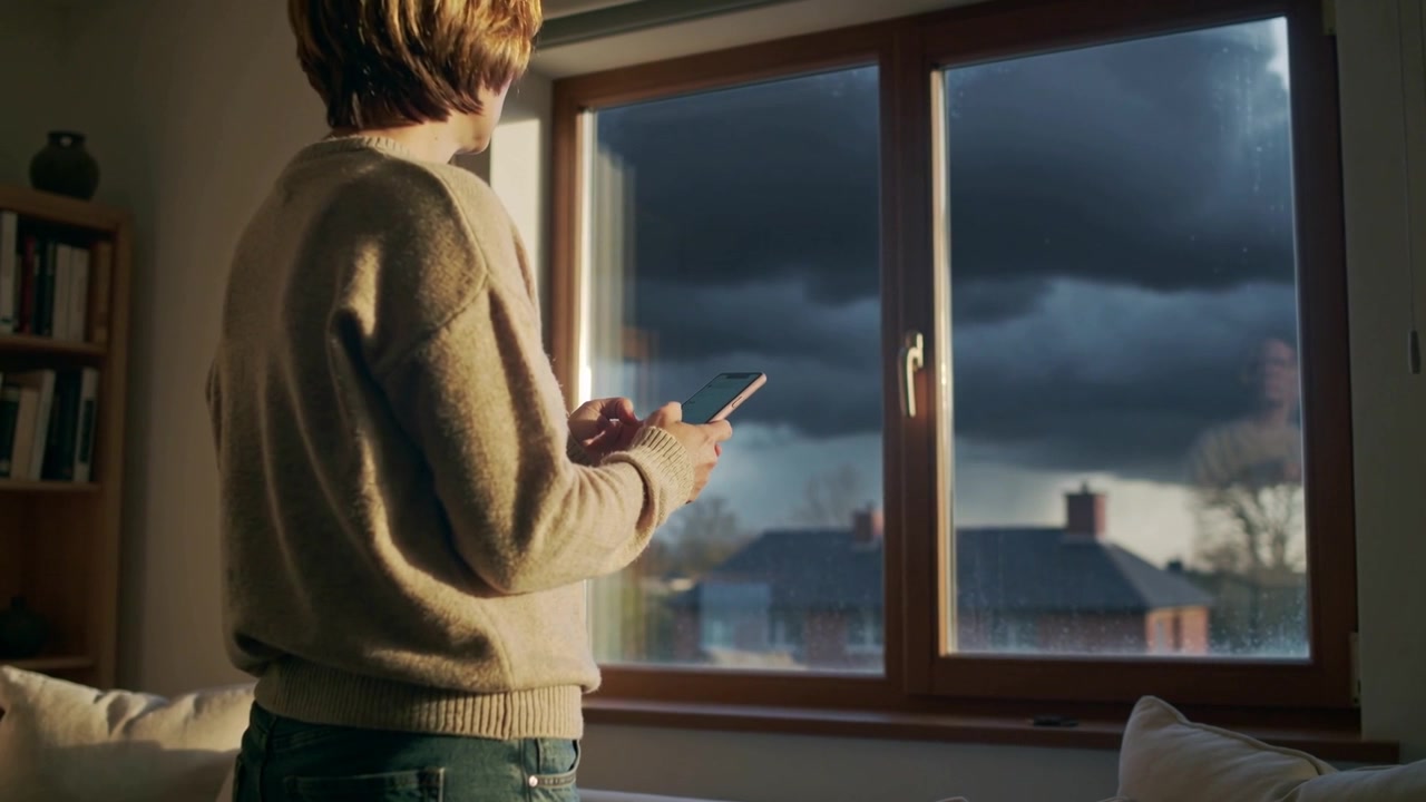 Una donna in maglione di lana e jeans tiene uno smartphone, scorrendo gli aggiornamenti meteo a casa, con spazio per il testo.