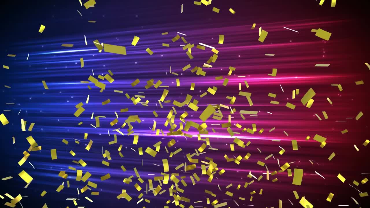 분홍색에서 파란색 배경에 반 ⁇ 이는 빛의 흔적 위에 떨어지는 콘페티의 애니메이션