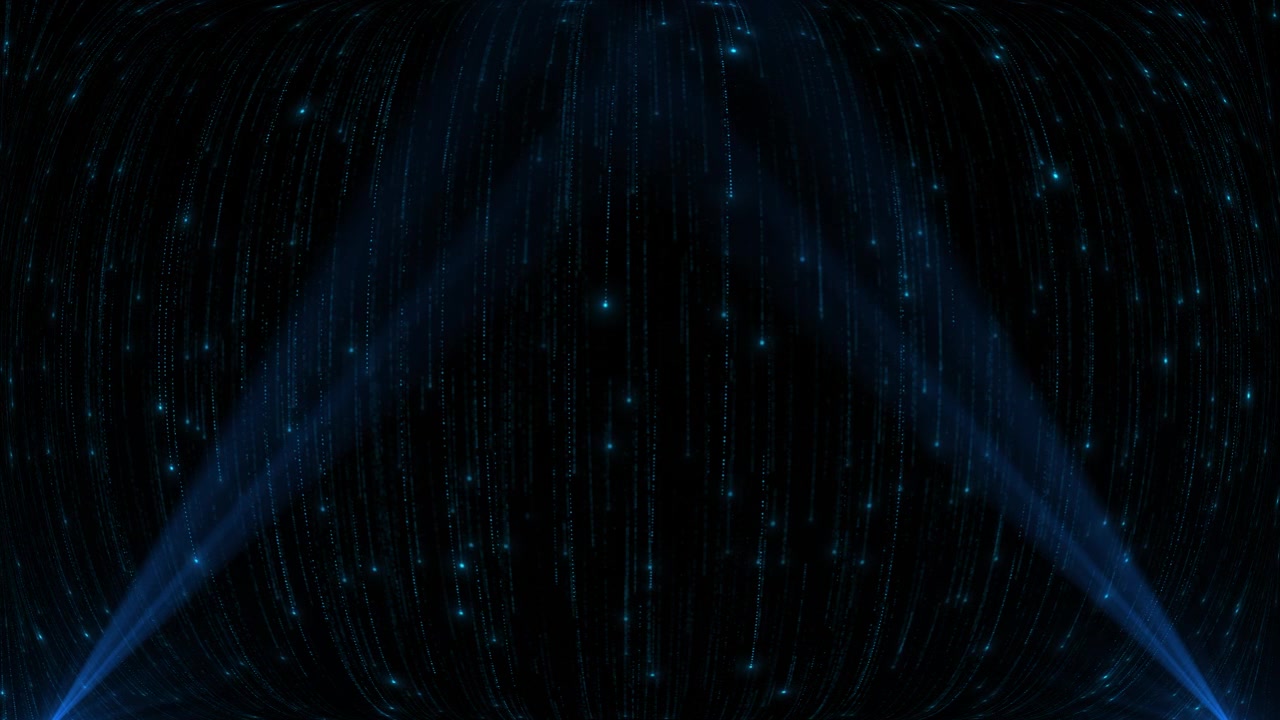 Sfondo curvo a matrice con pioggia di luce, scie di codice verticali blu, profondità sferica, dati dello spazio digitale