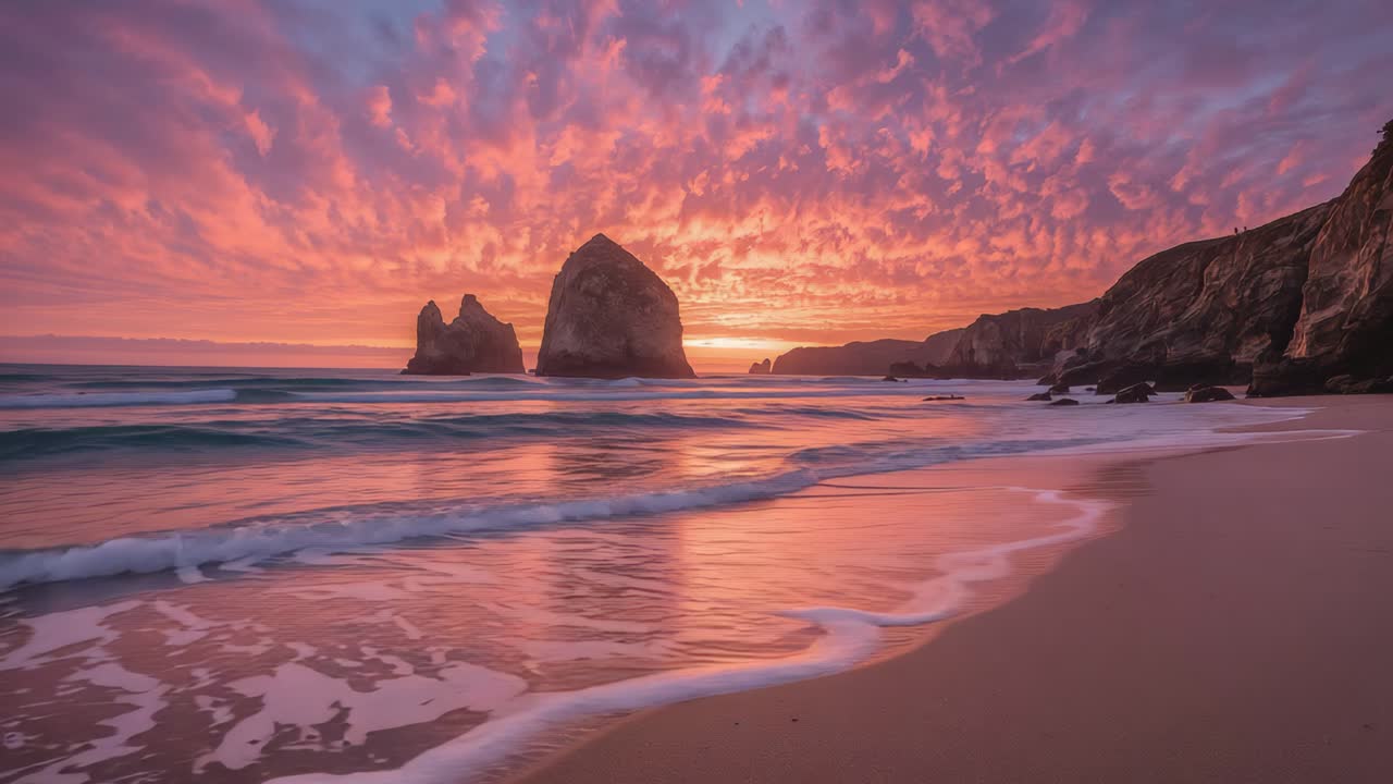 Beautiful sunset on the beach with rock formations