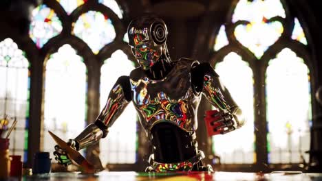 a shiny humanoid robot skillfully paints on a canvas using vibrant colors in an elegant art studio decorated with stained glass. the atmosphere blends technology and artistry.