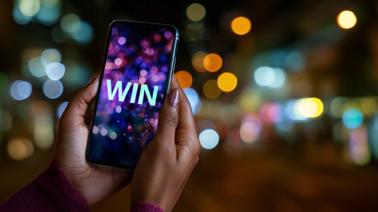 A person holding a smartphone displaying the word 'WIN' with a colorful bokeh background, symbolizing victory, achievement, and celebration amidst a vibrant city atmosphere at night