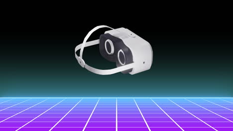 animación de auriculares vr sobre una cuadrícula brillante que se mueve sobre un fondo negro