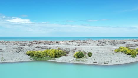 slow aerial above beautiful turquoise-colored rakaia lagoon - driftwood, wild flowers and south pacific ocean