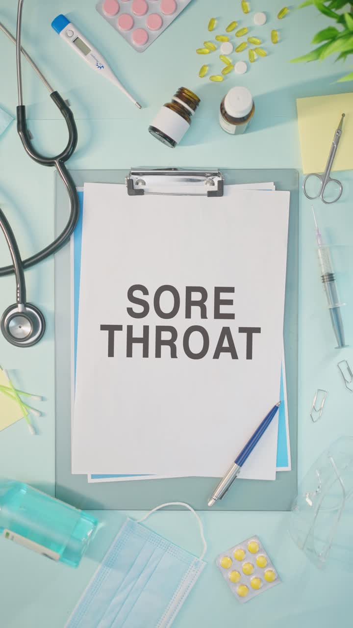 VERTICAL VIDEO OF SORE THROAT WRITTEN ON MEDICAL PAPER