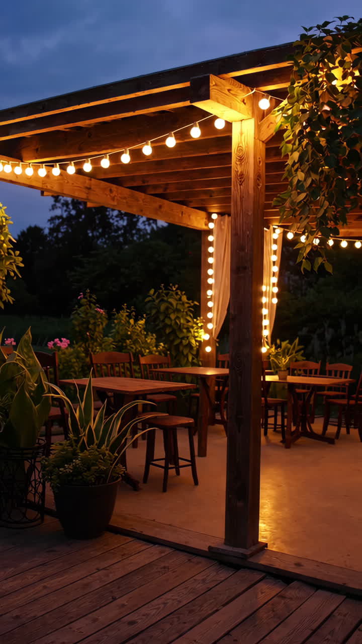 Romantic Outdoor Patio Dining Under Pergola at Night