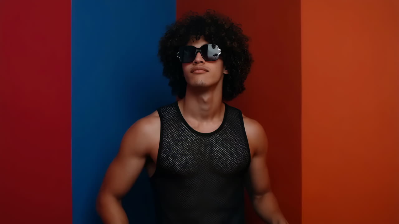 Ritratto di un uomo elegante con capelli ricci e occhiali da sole su uno sfondo diviso blu e rosso