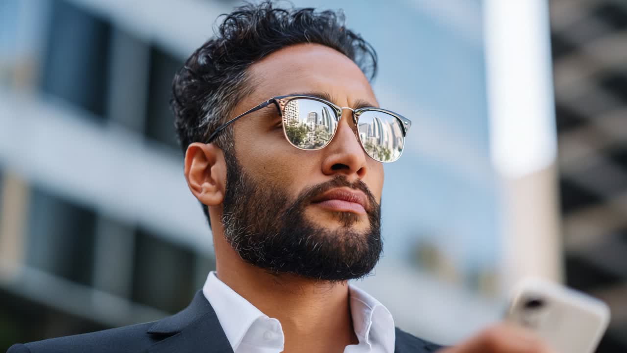 A Confident Man in Sunglasses with a Stylish Beard, Holding a Smartphone, Captured in Urban Reflections, Embodying Modern Elegance and Urban Lifestyle Amidst a Contemporary City Background