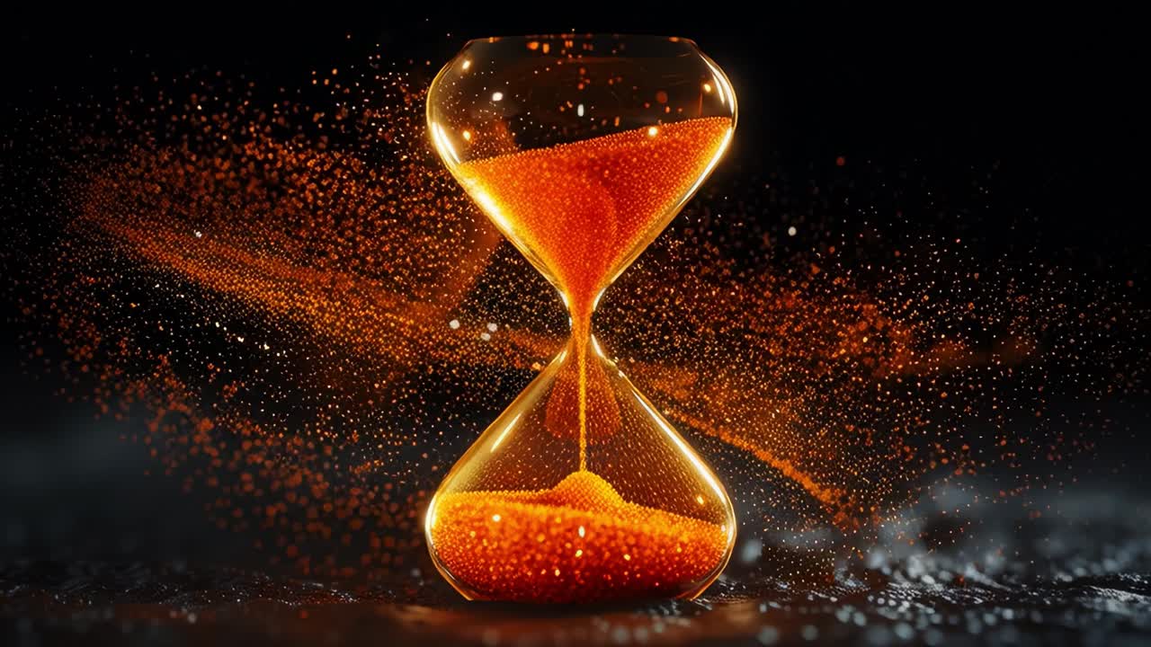 An Artistic Representation of an Hourglass Filling with Golden Sand, Capturing the Essence of Time Flowing in a Stunning Display of Light and Motion