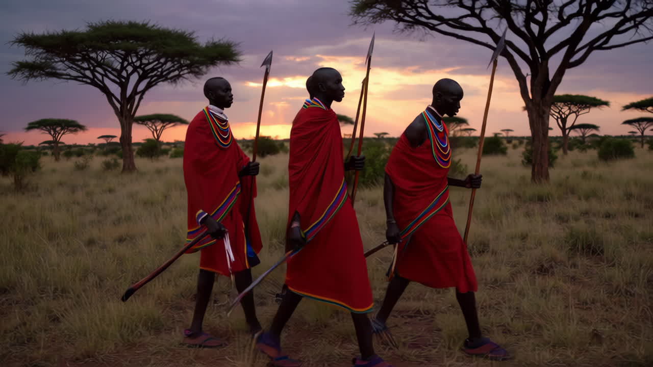 Maasai warriors walking in the savanna at sunset