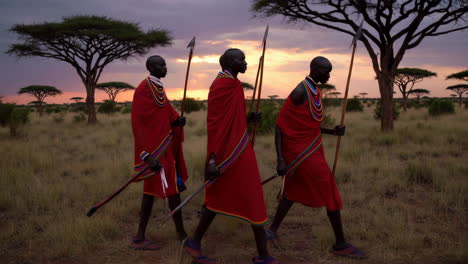 maasai warriors walking in the savanna at sunset