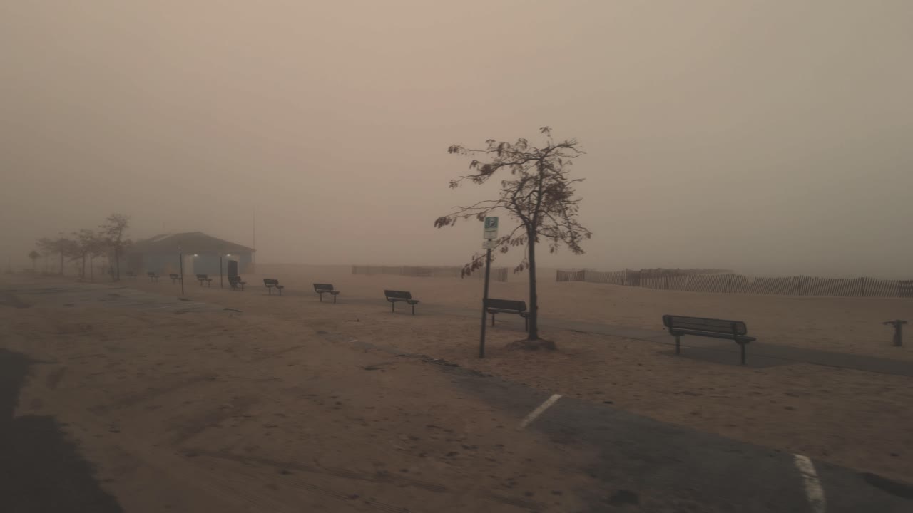 Lonely benches on a desolate beach in October