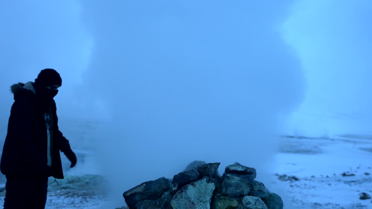 Person in a Geothermal Area in Winter