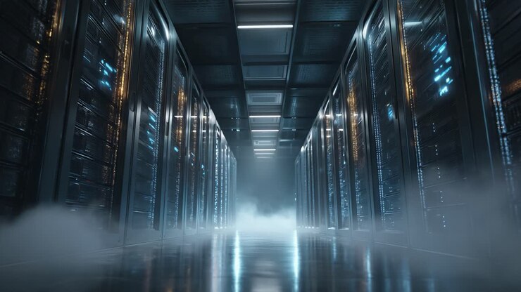 Un server scarsamente illuminato con apparecchiature luminose, che mostra l'ambiente high-tech di archiviazione ed elaborazione dei dati in una moderna infrastruttura digitale