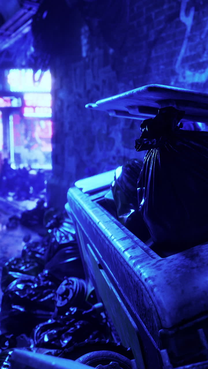 un cubo de basura lleno de bolsas de basura en un callejón oscuro con luces de neón