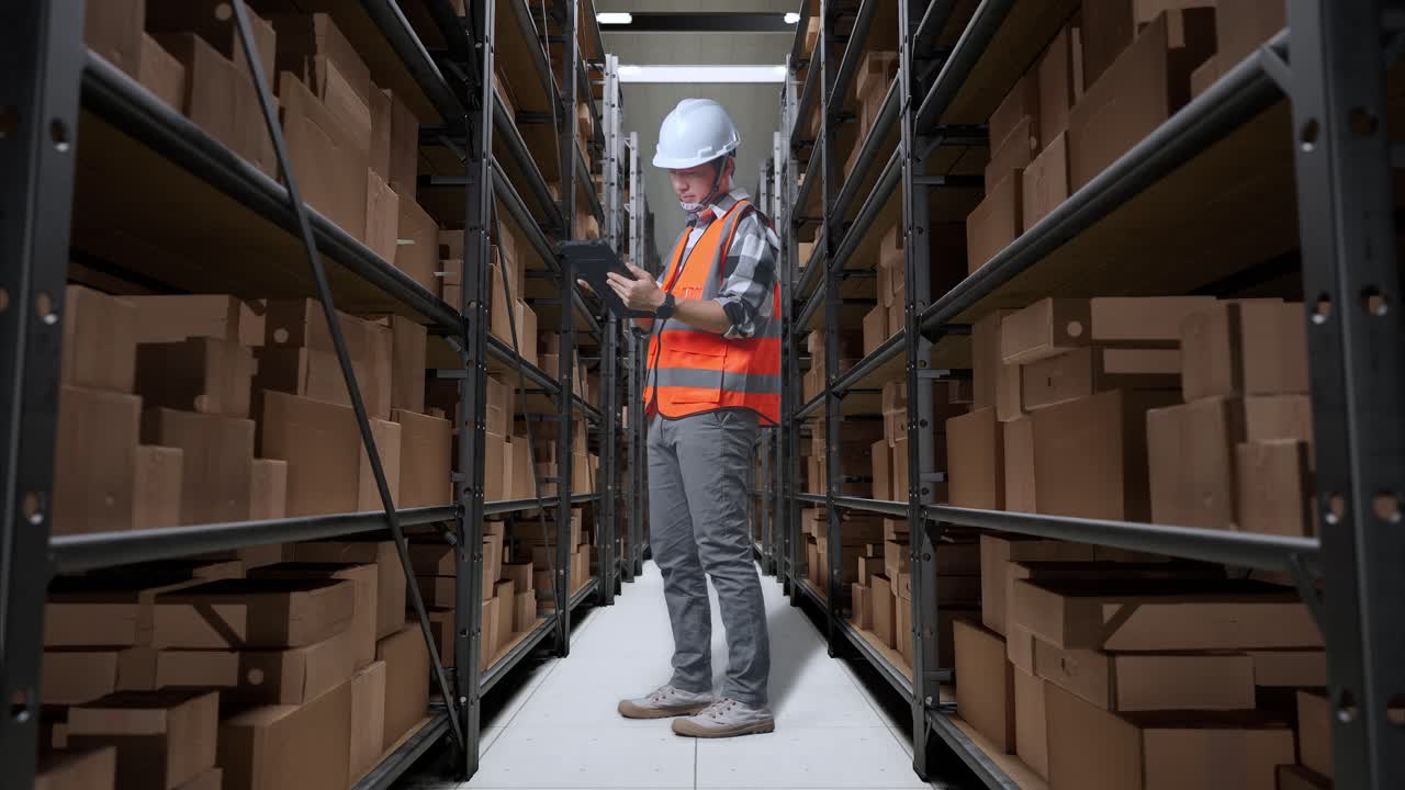 vista lateral completa del cuerpo de un ingeniero masculino asiático con casco de seguridad trabajando en una tableta mientras estaba de pie en el almacén con estantes llenos de productos de entrega