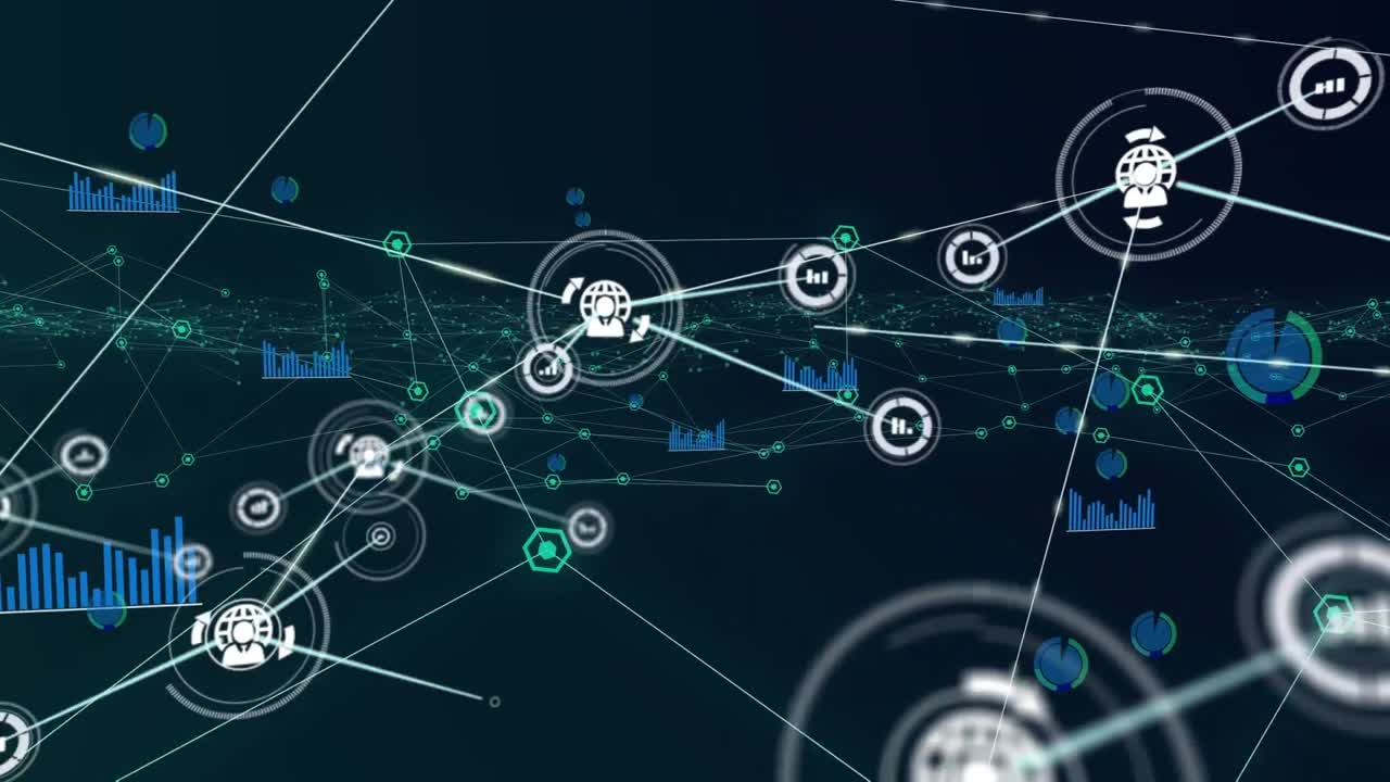 animación de la red de conexiones con iconos digitales sobre puntos verdes