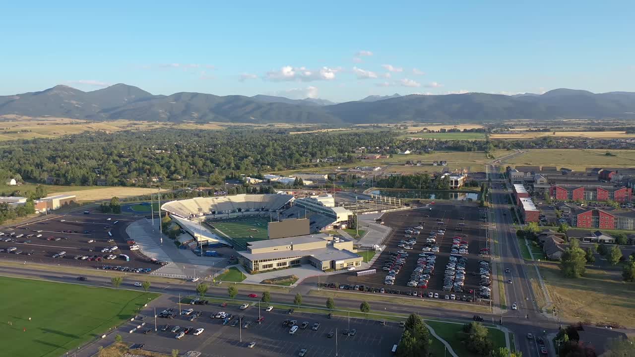 Wide shot of stadium at Montana State University Campus in Bozeman, Montana.